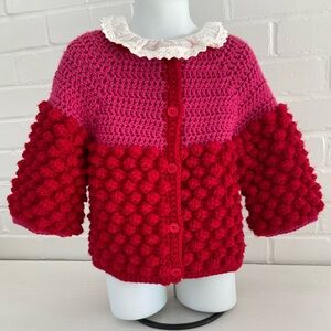 Handmade Bobble Stitch Crochet Red And Pink Valentine Cardigan Sweater Size 3T